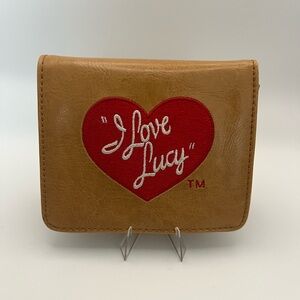 "I Love Lucy" Embroidered Heart Trifold Wallet Tan Faux Leather